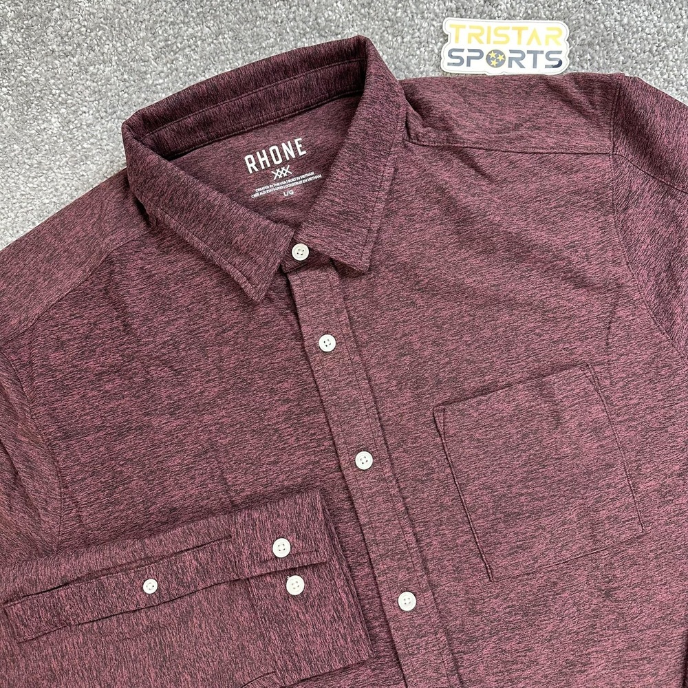 Rhone Shirt Mens Large Tawny Port Black Heather WFH Button Up Moisture Wicking